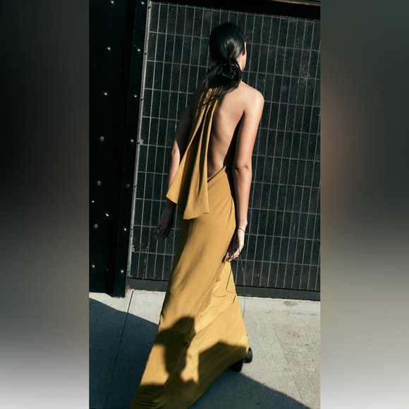 Last day sale! LONG OPEN BACK HALTER DRESS Elegant Mustard Sleeveless Dress. WOW - Picture 6 of 12